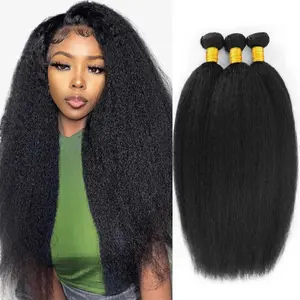 MEGEEN 12A Remy Human Hair Yaki Straight Bundles 100% Natural Black Brazilian Hair Weave Full Thick 10-32 Inch for Weddings & Parties