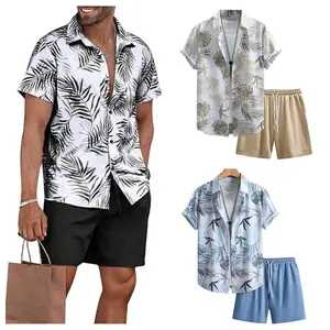 Men’s Tropical Hawaiian Matching Set Button Down Beach Shirt and Shorts 2 Piece Summer Vacation Outfit Casual Floral Palm Leaf Print Aloha Set Lightweight Breathable Resort Wear for Cruise Party XS-5XL
