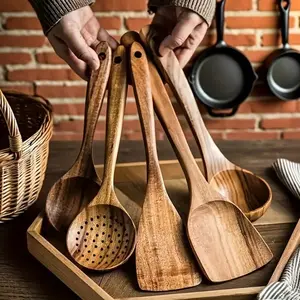 Wooden Kitchen Utensil Set 5-Piece, Non-Toxic Wood Cooking Tools for Non-Stick Pans, Heat & Corrosion Resistant Spoon Spatula – For Women Men Home Chef Gift