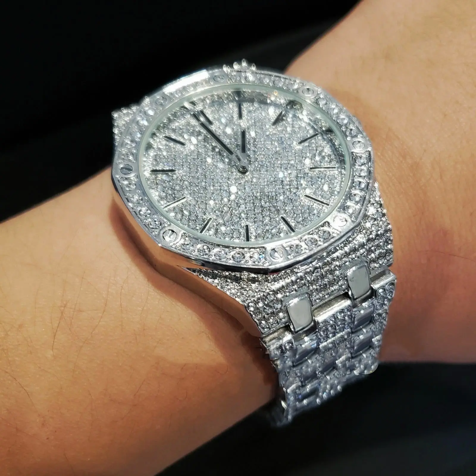 MaxBling81 Men's Hip Hop Style Stone Quartz Watch - Silver-Plated Stainless Steel Band, Iced Lab Stones, Masculine Luxurious Metal-Tone Fashion Watch for Rappers, Stone Quartz Watches