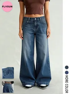 Flvsun-Women's Low Rise Baggy Jeans Y2K Vintage Loose Fit in Medium/Retro Dark Blue Wash  Minimalist Basic  Pants Basic Pocket Streetwear
