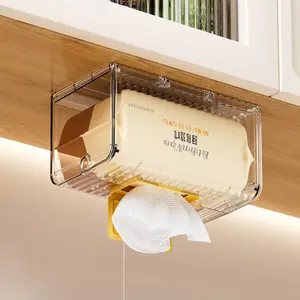 Spring-Loaded No-Punch Wall-Mounted Toilet Paper Holder, Wet Wipe Facial Towel Box, Bathroom Bedroom Home Use Flip Cover Transparent Tissue Box