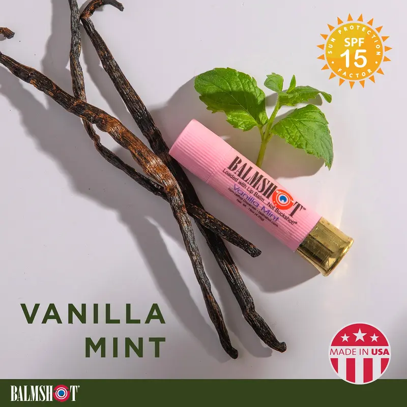 BALMSHOT Vanilla Mint Lip Balm with SPF 15 - USA-Made, Aloe-Infused Smooth Sunscreen, Natural Oils, Double Barrel Metal Twist Base, Non-Lethal Shotgun Shell Dispenser, Gluten-Free, Camping/Hunters Sun Protection, Great Gift