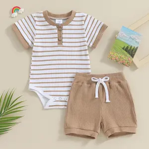 Infant Soft Ribbed Cotton 2-Piece Co-Ord, Henley Snap Bodysuit & Elasticated Waist Drawstring Shorts, Breathable Summer Outfit (0-18M)
