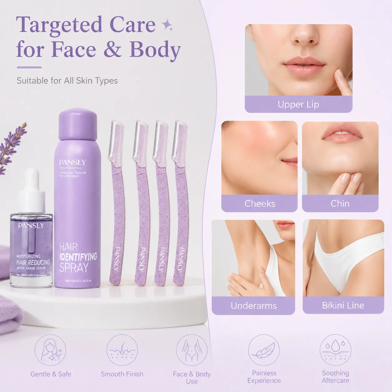 At-Home Dermaplaning Made Easy! PANSLY Spray Reveals Hidden Hairs, 4 Precision Razors Remove Them, & Serum Calms Skin. Get Salon-Smooth Results in Minutes!