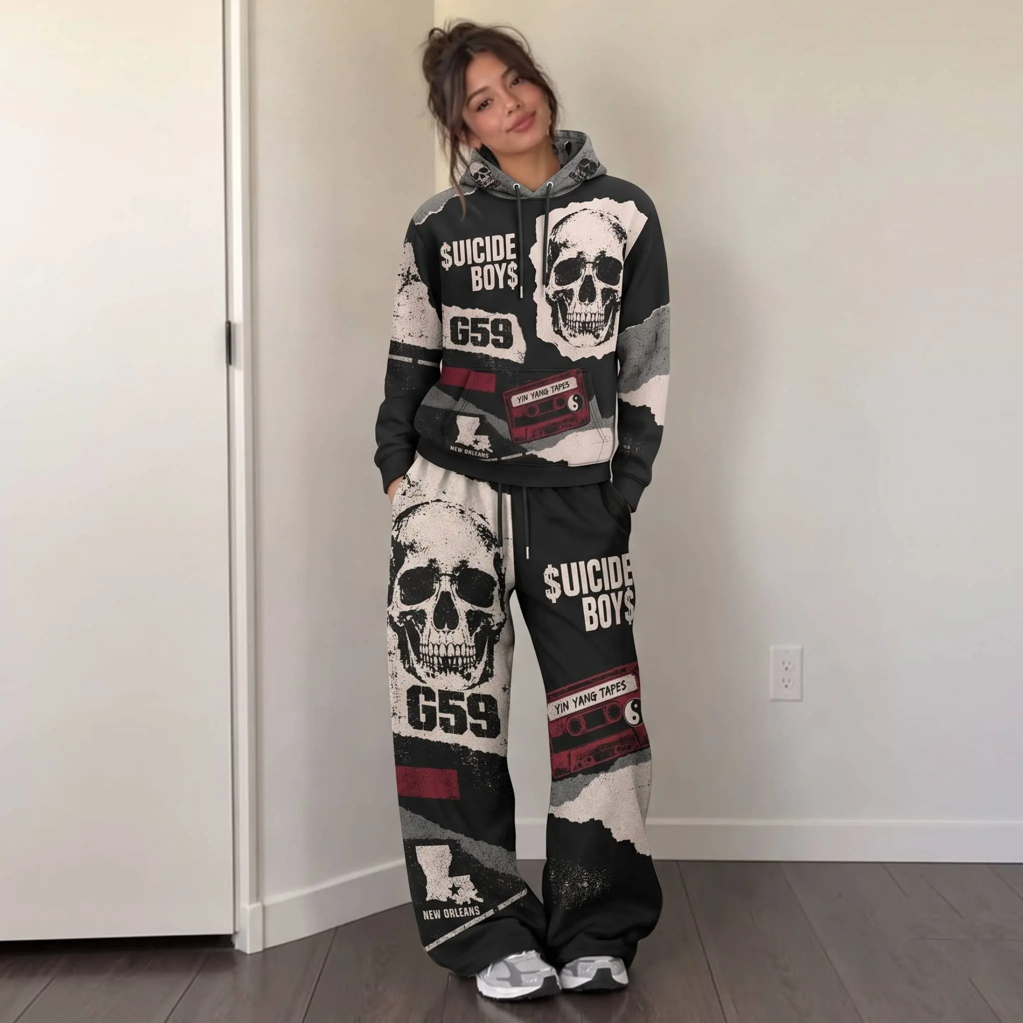 Retro Band Music Hip Hop All-Over Print Hoodie Sweatpants Set, Gothic Cartoon Graphic Outfit, Dark Fantasy Patchwork Tracksuit, Unisex Streetwear Set