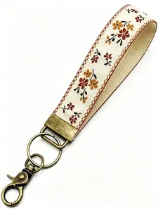 Boho Style Embroidered Women's Wrist Keychain, Cute Floral Fabric Key Ring Lanyard, Dual-Sided Embroidery Cloth Key Holder, Gift for Loved Ones, Keychain Wristlet