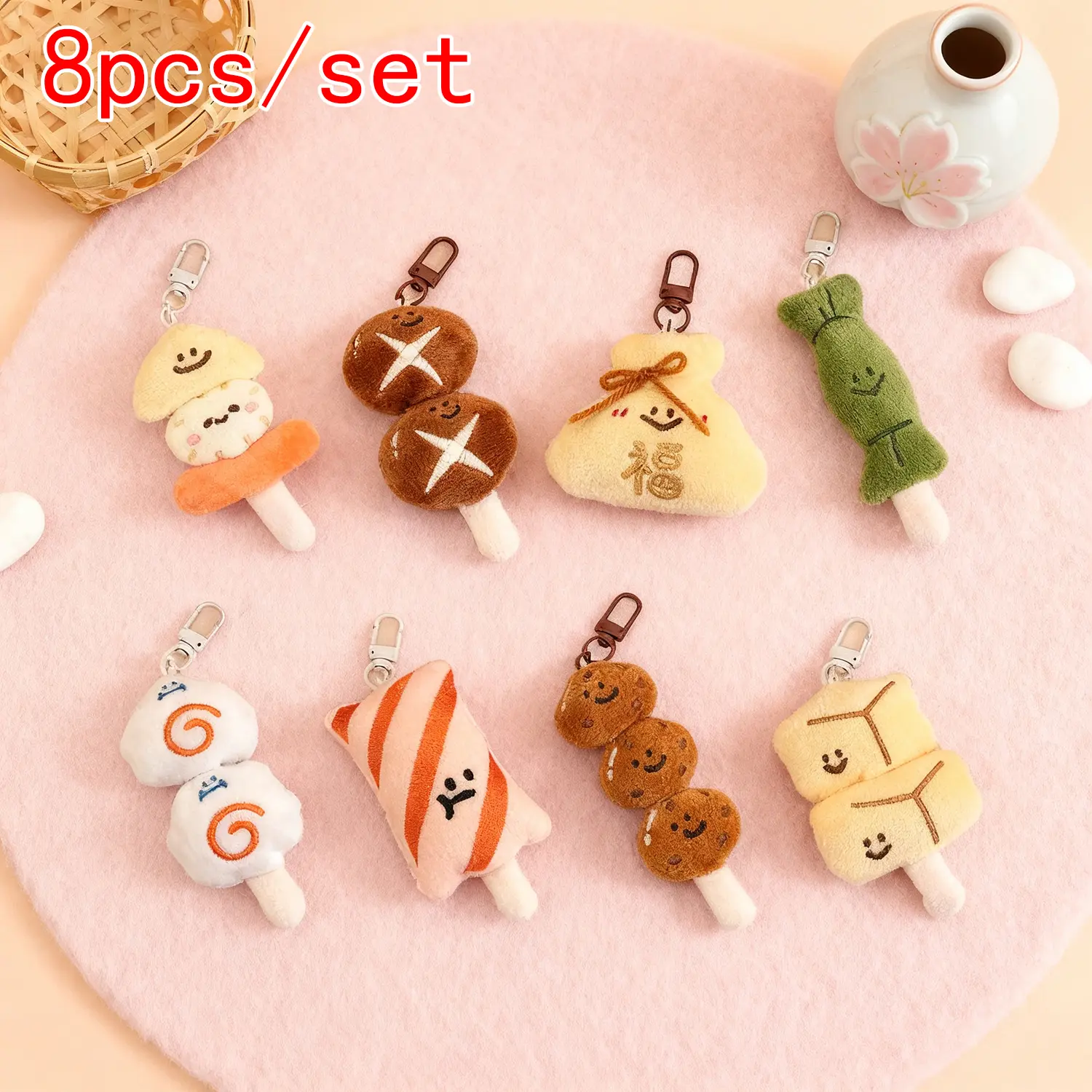 8pc Kawaii Oden-Shaped Bag Charms, Japanese Food Pendants for Creative Bag Charm Styling, Keychain Accessories Gift Set