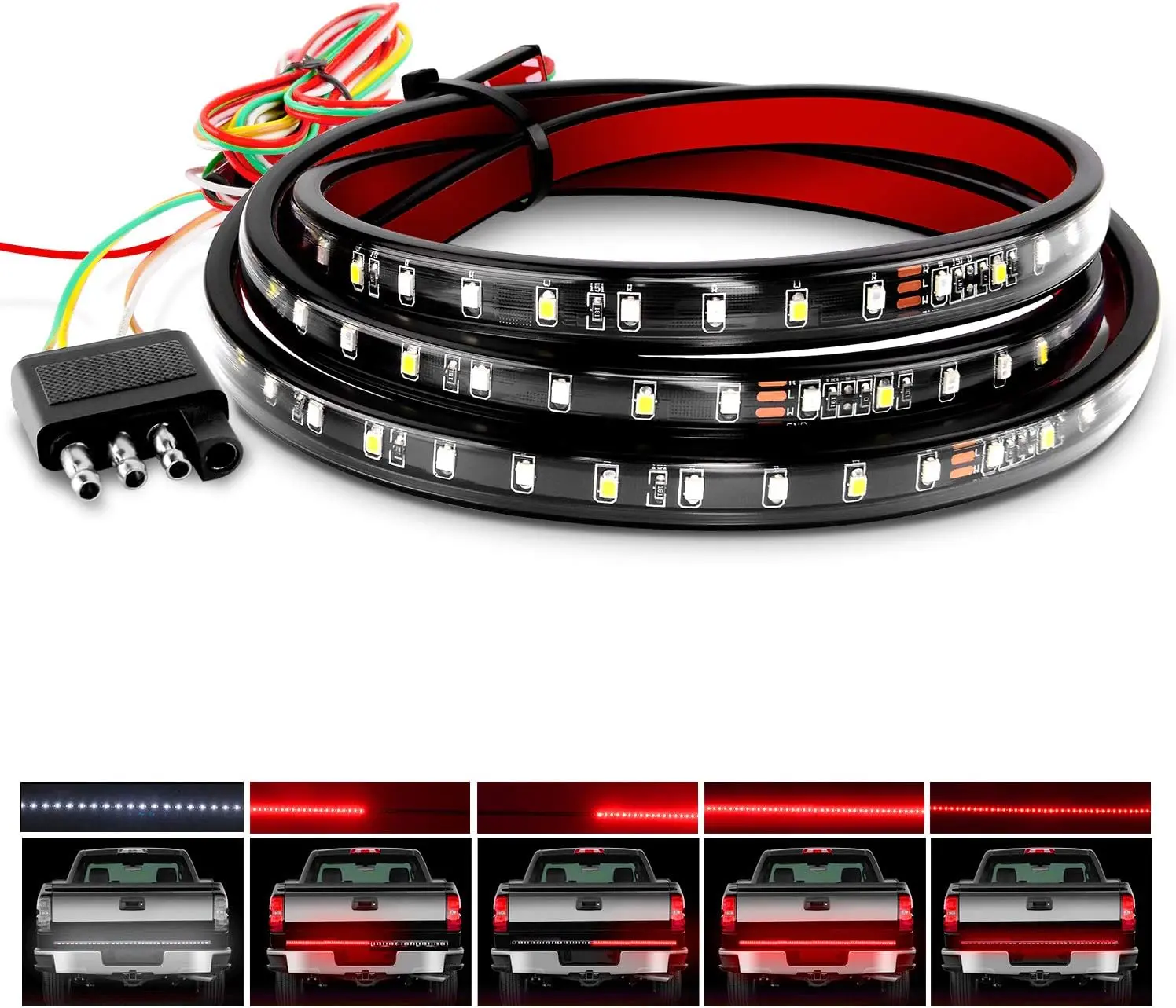 Nilight 60" Flexible Tailgate LED Light Bar, 108-Bright Single Row Strip with Red Running/Brake/Turn & White Reverse Signals, Silicone-Sealed for SUVs, Trucks, Light Bar Car Accessory, Red Running Light