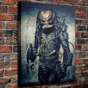 1 Piece Predator Warrior Canvas Wall Art, Framed Art, Artwork, Featuring Movie Mask and Full Body Armor Design, Recycled Wood Frame Print (29.97x 39.88cm ), Collectible Action Figure Art, Decoration, Suitable for Men's Cave, Game Room, Home Theater, Gift