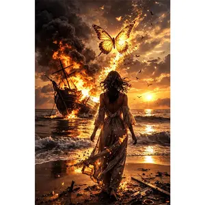 1PC 5D diamond painting 2D flat printing Diamond Painting Kits for Adults, 5D DIY Sunset Sea Butterfly Art with Burning Ship, Full Drill Rhinestone Embroidery Home Decor, 30x40cm Large Size Craft