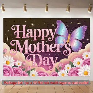 1pc Polyester 2D Flat "Best Mom Ever" Banner, Mother's Day & Birthday Photo Prop, Butterfly & Flower Background Home Wall Decor, Festive Party Backdrop