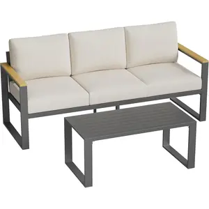 Aluminum Outdoor Patio Furniture - 1 Pcs 3-Seat Sofa and Coffee Table, All-Weather Metal Modern Outside Furniture with Washable Thick Cushion for Balcony, Garden, Deck, Backyard, Beige/Gray