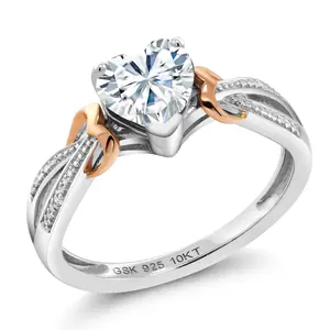 Gem Stone King 925 Sterling Silver and 10K Rose Gold White Heart Shape Moissanite and White Diamond Engagement Ring For Women (0.81 Cttw)