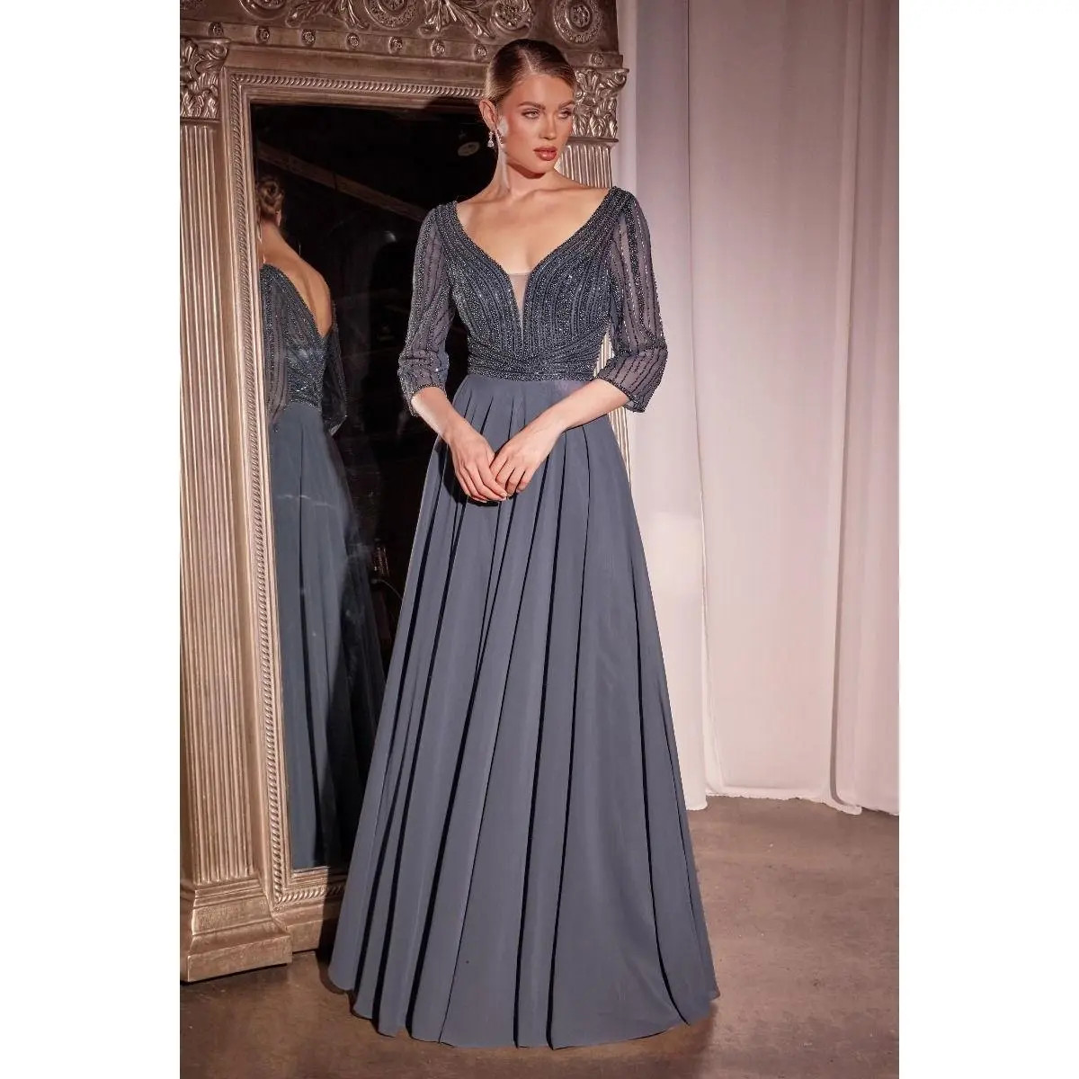 Cinderella Divine -CC446 A-Line Deep V-Neck Chiffon Gown