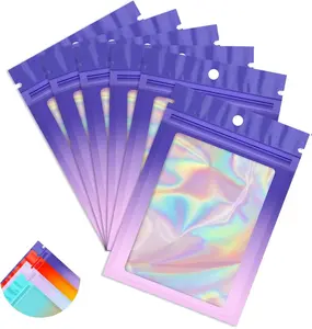 100-Pack Gradient Holographic PVC Mylar Aluminium Storage Bags, 2.7×3.9in Purple Pink Zippered Resealable Foil Pouches with See-Through Window, Odorproof Home Organizers for Homemade Food, Jewelry