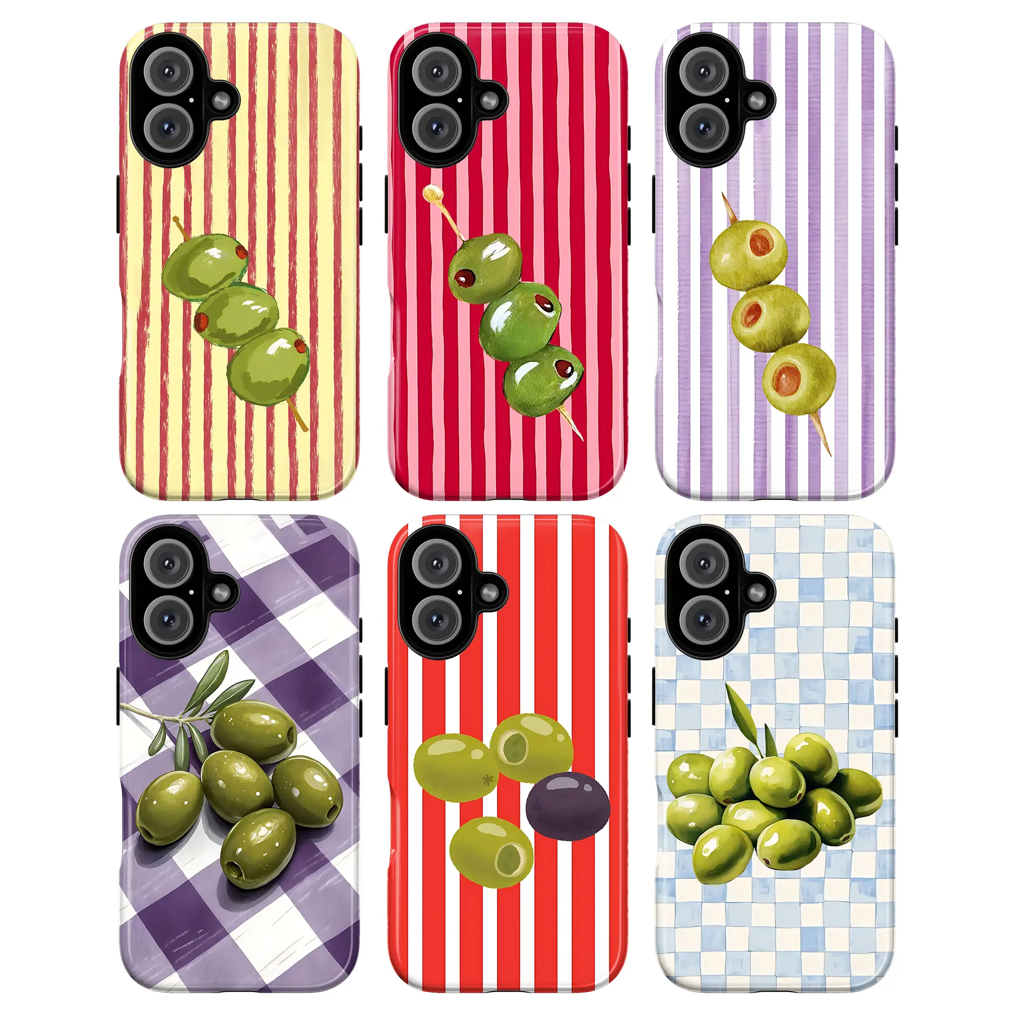 Cute Olive Aesthetic Phone Case – Green Olive Snack Pattern Cover, Soft Glossy Protective Case for iPhone 14 13 12 11 Pro Max XS XR & Samsung Galaxy Models | Y2K Food Art Checkered Striped Design, Gift for Food Lovers & Girls