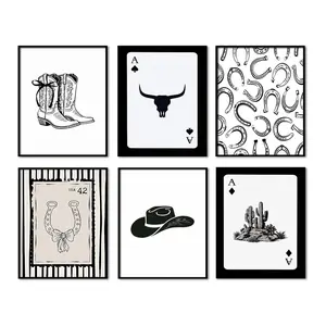 6pcs/set Unframed Playing Card Western Wall Art Poster Canvas Print Cowboy Cactus Bull Skull Prints Modern Minimalist Design Trendy Southwestern Country Home Wall Decor