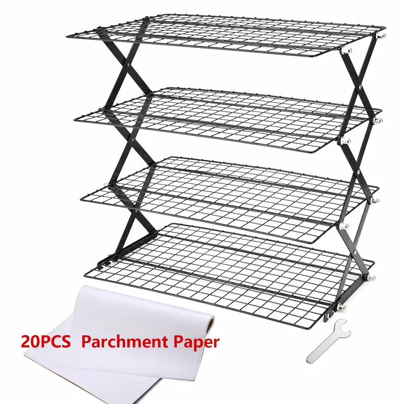 4-Tier Foldable Cooling Rack, Baking Pan Wire Rack, Outdoor Picnic Rack, Adjustable 4 Setting Designs, Collapsible Food Display Stand, Multi-Purpose Serving Tray, Camping Grill for for Baking, Roasting, Grilling, Picnics, with 20pcs Parchment Paper