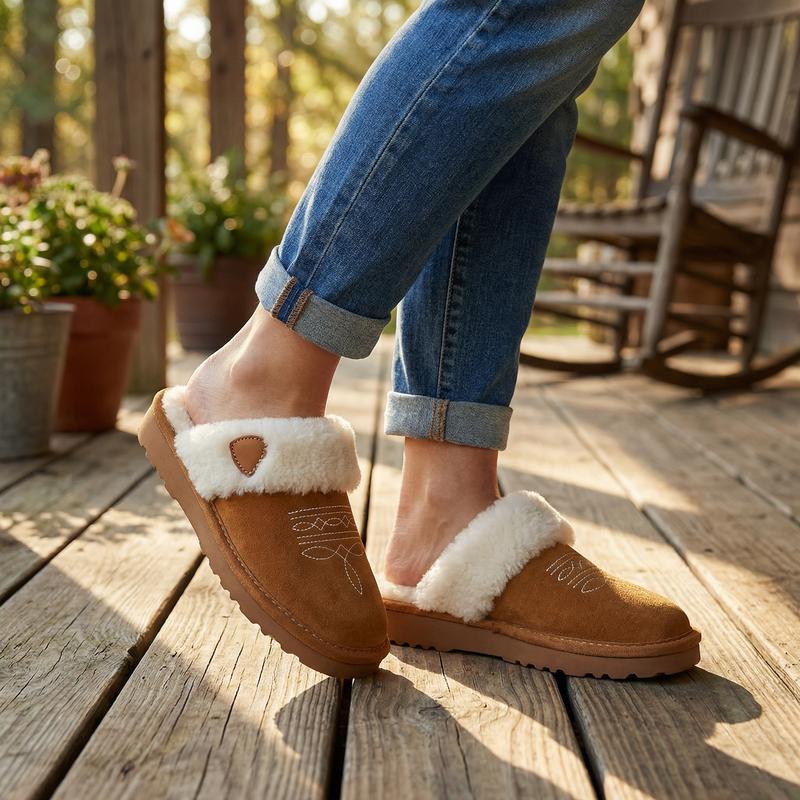 Western Cowgirl Boot-Stitch Women Slippers All-Season Cozy Indoor & Outdoor Wear 【Wide Feet PLS SIZE UP】