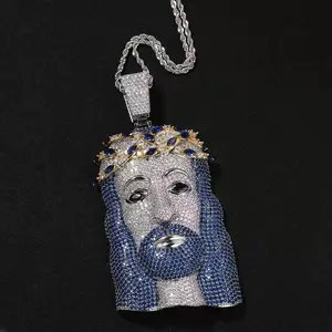 Hip Hop Iced Out Jesus Face Pendant Crown Blue Drip Statement Piece Rhinestone Decorated Rhinestone Accessories customizable with engraved letters, logos or patterns Complimentary shipping