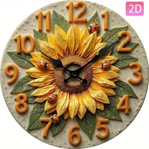 Round Wall Clock Creative Sunflower Theme Silent Operation Home Décor Gift 2D Design No AA Batteries Included Decor