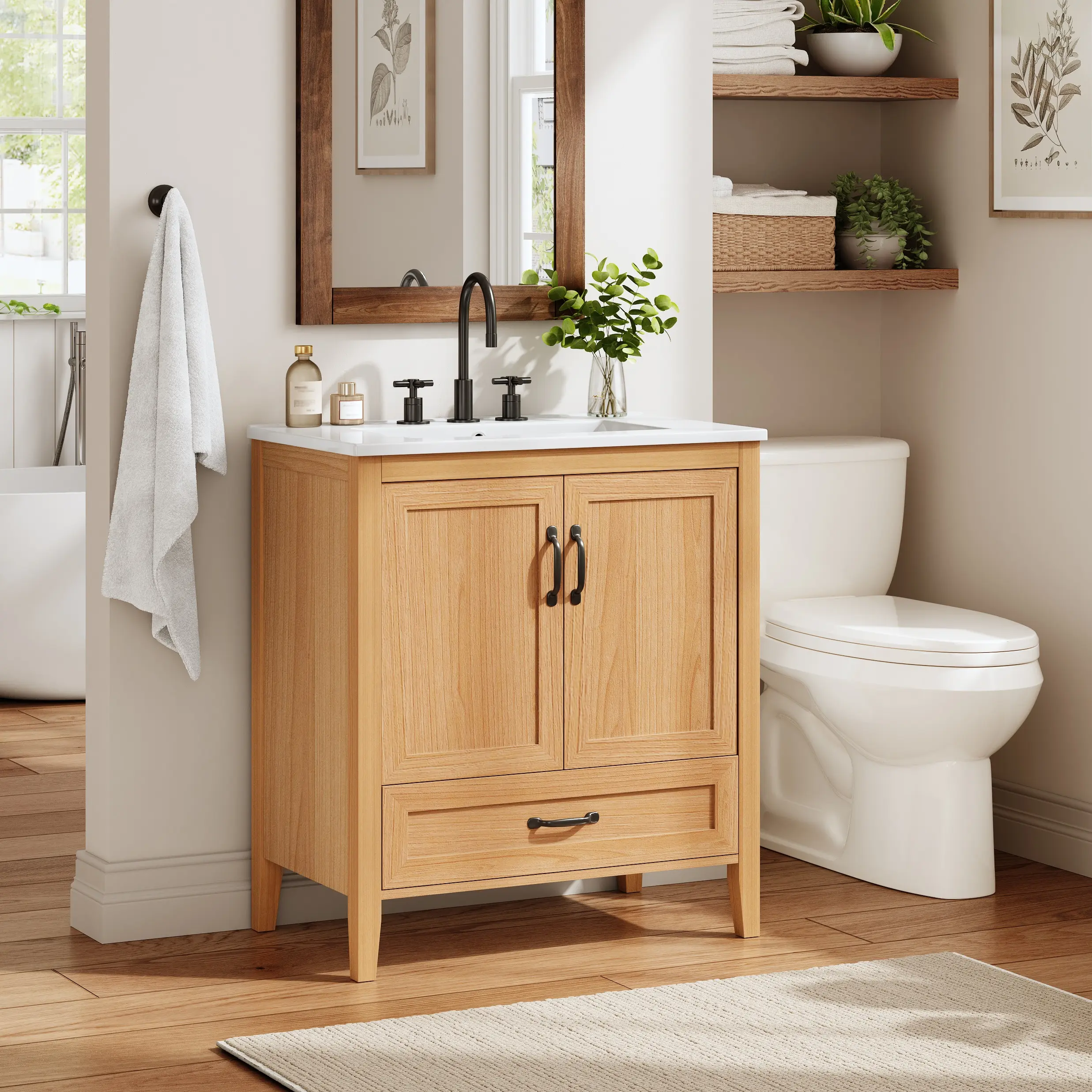 30" Casual Farmhouse Wood Bathroom Vanity with Ceramic Sink Top, Solid Wood Legs, Soft-Close Double Doors, Bottom Drawer, Adjustable Interior Shelf, Door-mounted Organizers, Matte Black Accents, Durable Build, Assembly Required [Video], Storage Organizer,