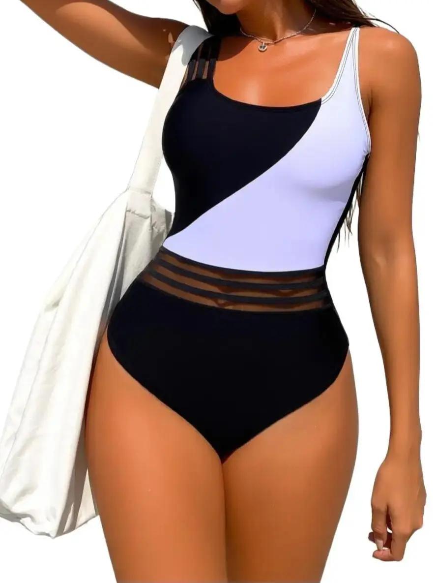 Black White Color Block Diagonal Cut Multi Thin Strap One Piece Swimsuit, Waist Mesh Cutout Tummy Control Slim Modest Bathing Suit for Women Summer Beach Pool Resort Vacation