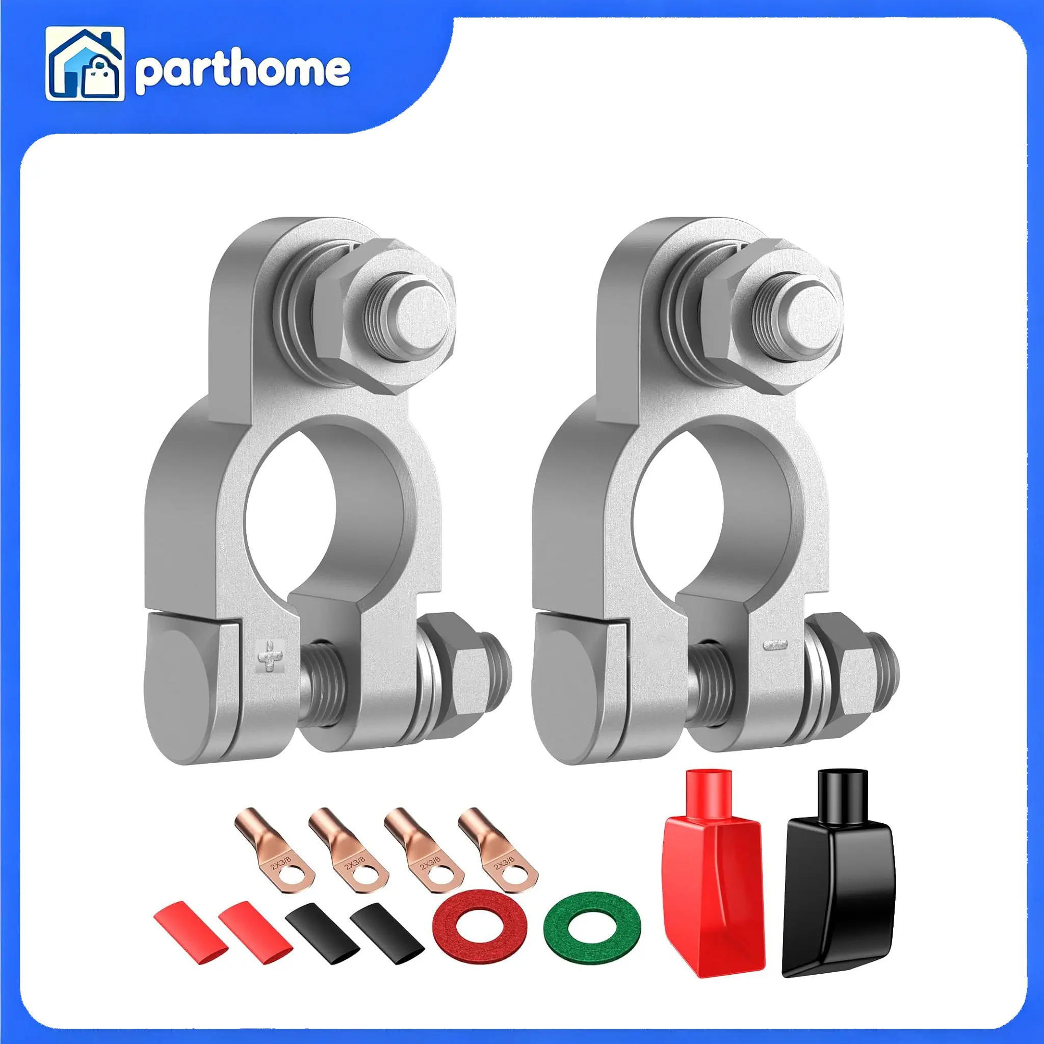 PVC Copper Positive Negative Battery Terminal Connector Set With Protective Covers Washers Heat Shrink Tubes Copper Lugs For Car Marine Truck RV Camper Lead Acid AGM Lithium Battery Wiring