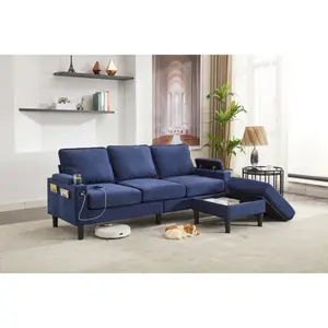 [SOIYELIFE] blue color knock down 3-seat combo sofa with storage ottoman  for living room apartment  bedroom and compact room,room, Upholstered sectional Couch, L Shaped  Bench with a footrest, a individual stool Cool furniture couches