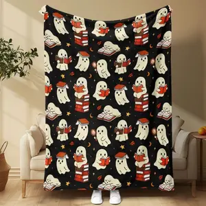 Cute Ghost Reading Pattern Warmth Blanket, Camping Picnic Sofa Throw, Halloween Decor, Warm Cozy Home Decoration, Multi-Functional Use  Suitable for beds and sofas can also be given as a gift