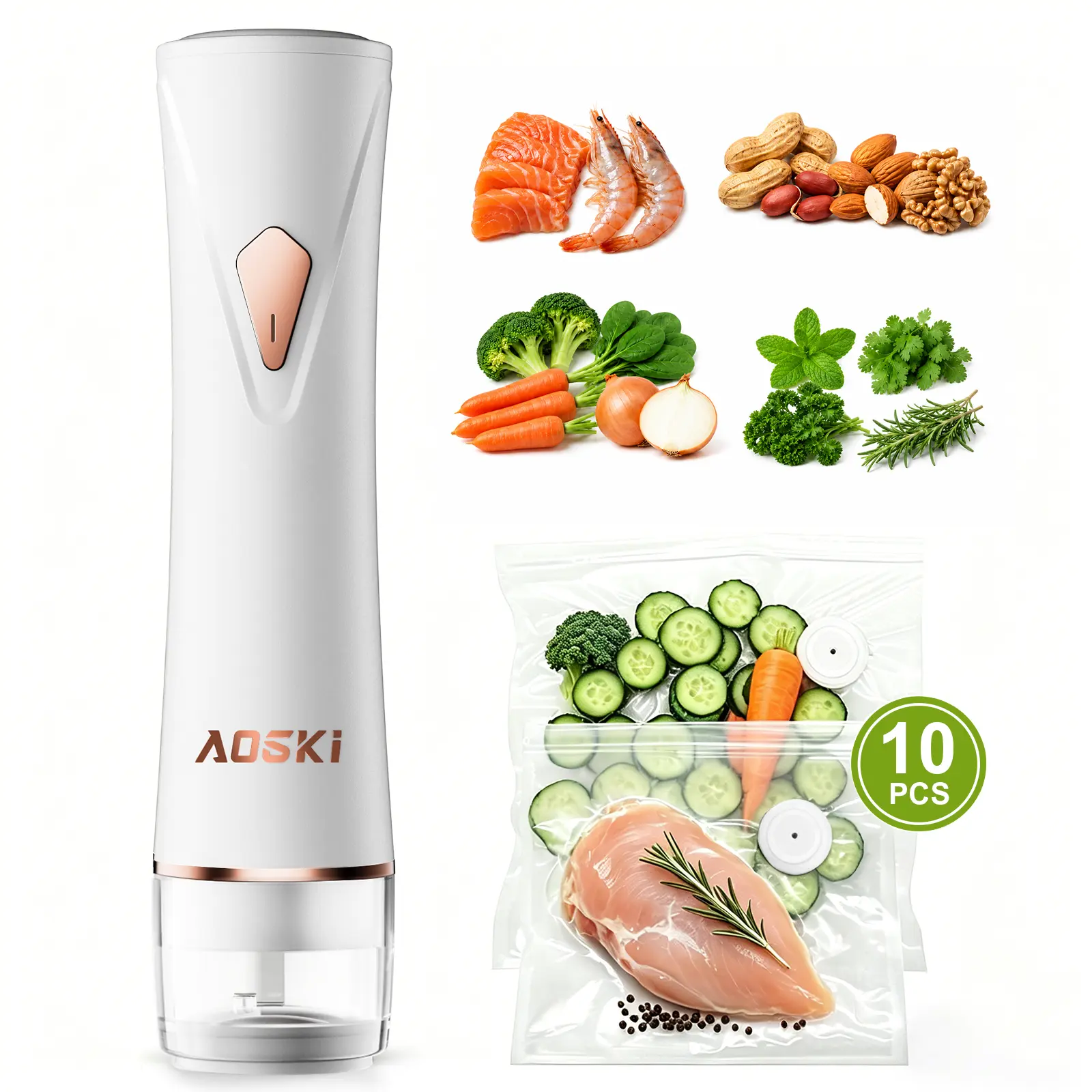【SummerWins】AOSKI Cordless Powerful Kitchen Handheld Vacuum Sealer - Spill-Proof, Food-Grade, Easy to Clean, Automatic & Manual Modes, 10 Reusable Bags, Long-Lasting Battery, Reduces Waste, Preserves Meat, Fruits, 10 Pcs