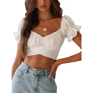 MUSE NOTE Womens Tie Up Back Crop Ruffle Coquette Soft Blouse Short Sleeve Off Shoulder Blouse Tops Plain Comfort Shirts cute latina tops crop tops women latina
