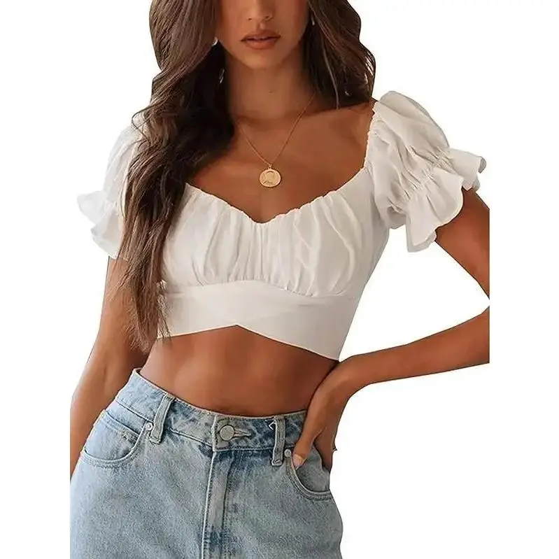 MUSE NOTE Womens Tie Up Back Crop Ruffle Coquette Soft Blouse Short Sleeve Off Shoulder Blouse Tops Plain Comfort Shirts cute latina tops crop tops women latina