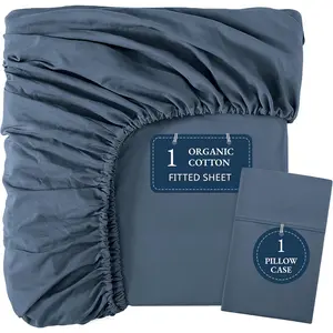 100% Organic Cotton Twin Fitted Sheet & Pillowcase Set, Navy, Percale Weave, Soft, Breathable, Fits Mattress Up To 15' Deep