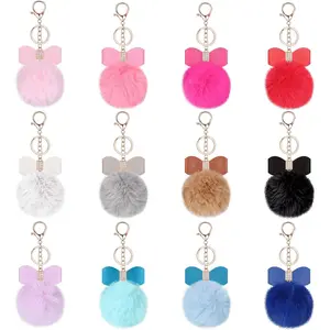 12 Count Fluffy Pom Pom Keychain Bulk Bow  Faux Pompoms Keyring for Girls Women Bags Craft, 12 Colors (Pastel Colors)