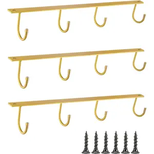 Mug Hanger Under Cabinet 3 Pcs Iron Mug Rack Wall Mounted Coffee Cup Rack Storage Organizer for Kitchen Dining Bar - Gold