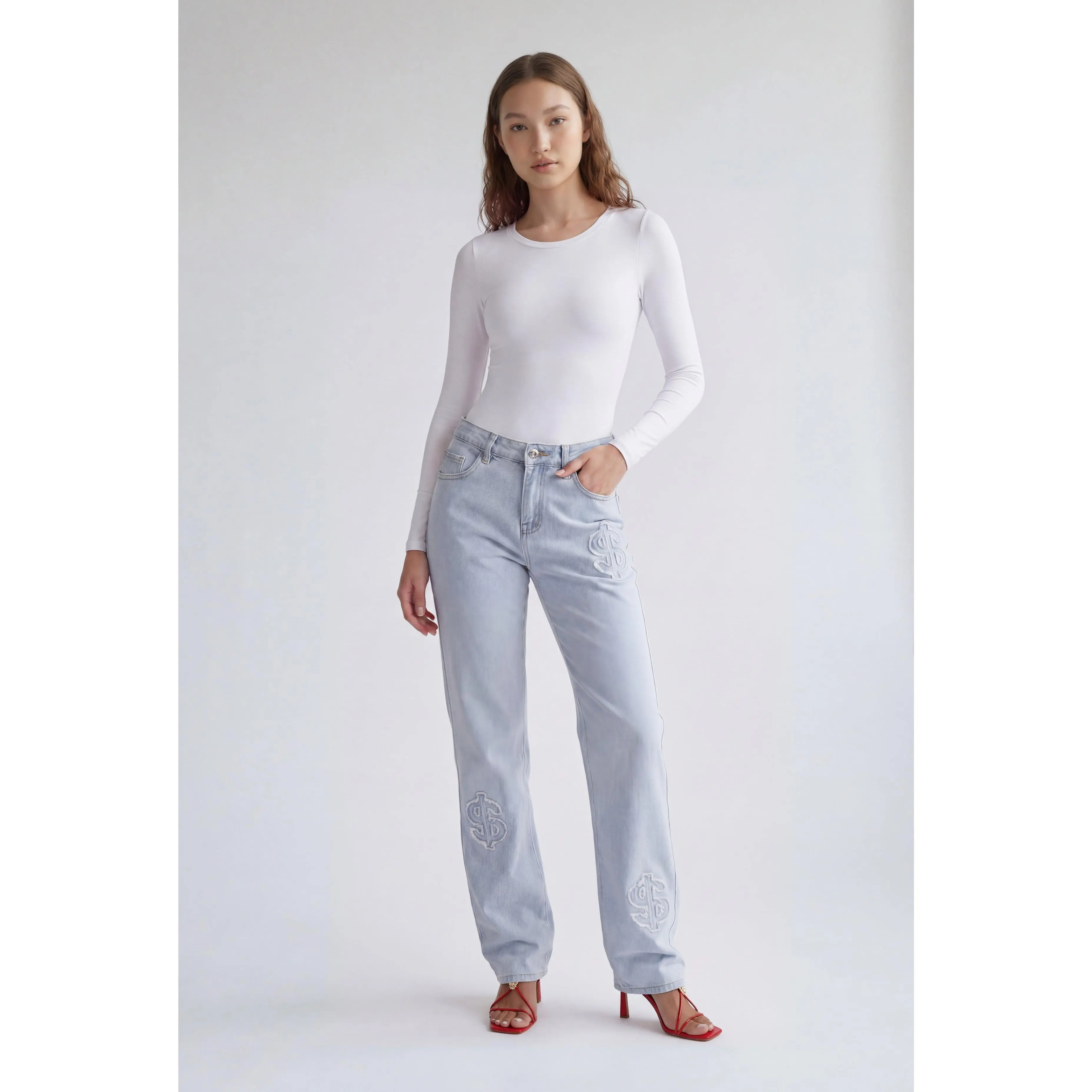 Mylah Frayed Dollar Sign Mid-Rise Jeans