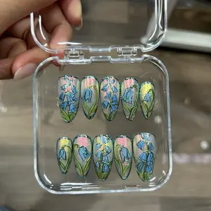 Bluebell Morning Stained Glass Press On Nails, Opal & Blue Botanical Nail Art