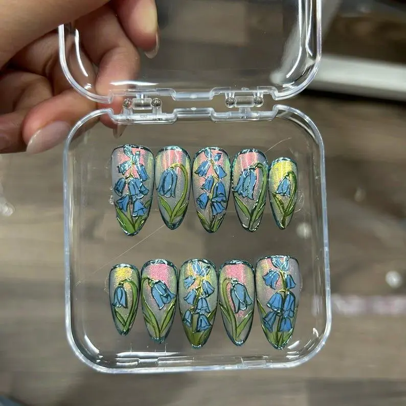 Bluebell Morning Stained Glass Press On Nails, Opal & Blue Botanical Nail Art