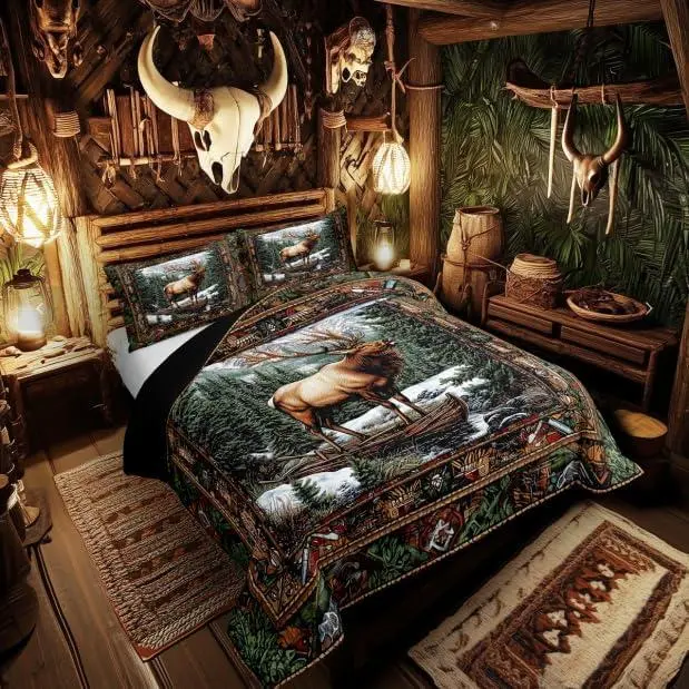Feelyou Microfibre King-Size Elk Deer Comforter Set - All-Season Wildlife Hunting Bedding with Jungle Leaves Plants, Multi-Size RV-Ready Bedding, Set Includes Pieces for Kids Rooms Home Decor