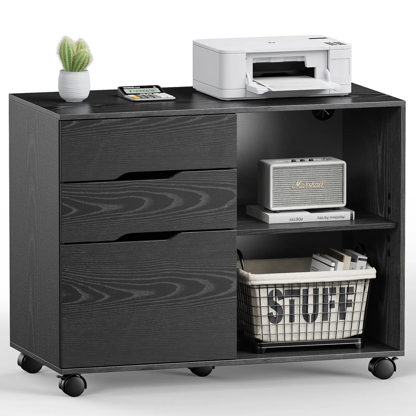 Mobile Workstation: 3-Drawer Rolling Lateral File Cabinet with Adjustable Shelf - Under Desk Storage & Printer Stand, Wood Organizer on Wheels for Office/Home
