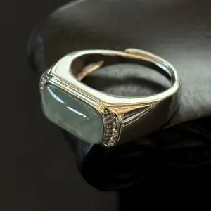 Natural Translucent Green Jade Jadeite Ring Silver-tone, Size 8 adjustable