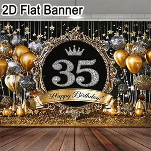 1pc, easter backdrop, easter bannerLuxurious 35th birthday celebration banner featuring a black circular frame with ornate golden baroque details, sparkling silver '35' number topped with a golden crown, and elegant 'Happy Birthday!' ribbon. Ideal