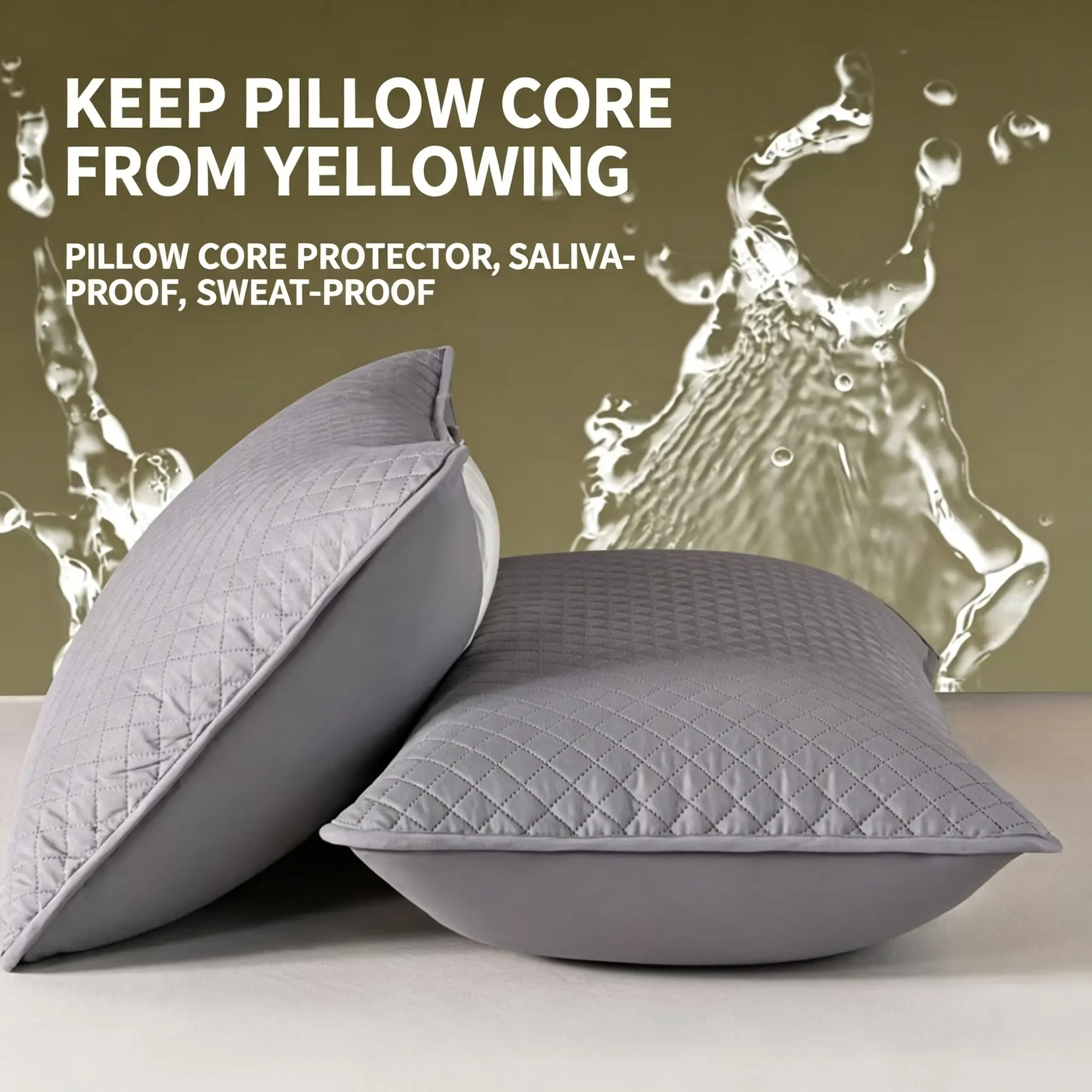 Quilted Pillow Protectors, Soft Breathable Pillow Covers, Zipperless Pillow Protector with Diamond Quilted Design, Machine Washable Pillow Sham for Sweat, Oil & Stain Protection (Grey)