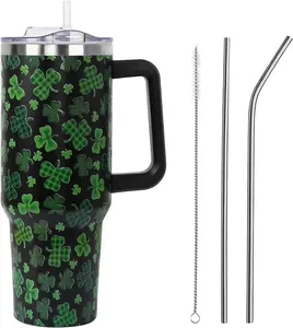 St Patricks Day Gifts 40 oz Tumbler with Handle and Straw Lid,Cute St Patrick''s Day Spring Gift for Women Men Black Shamrock Vacuum Insulated Leak Proof Stainless Steel Coffee Cup Mug