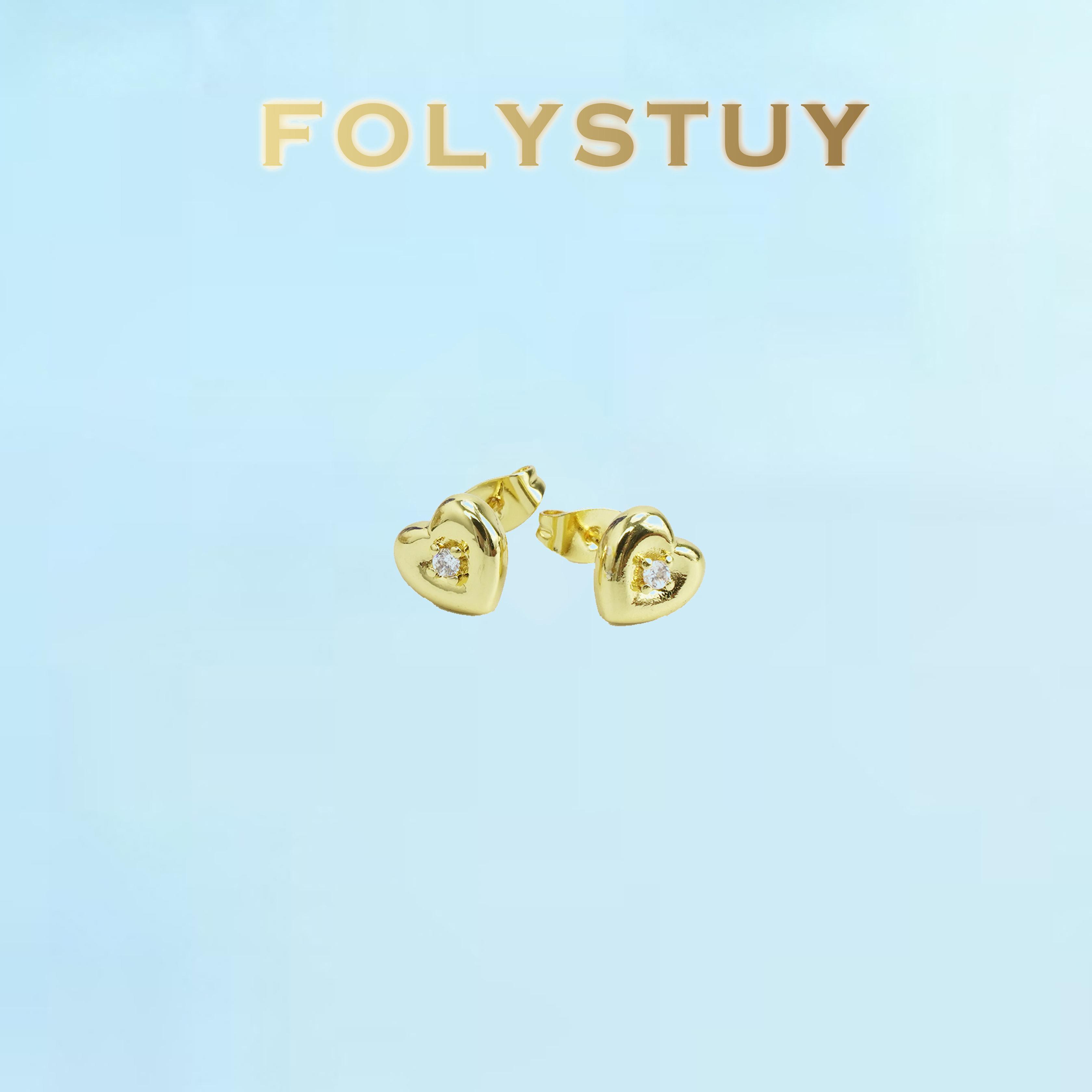 [FOLYSTUY (C122)]8mm Heart Stud Earrings with Tiny Crystal, Dainty Love Shape CZ Earrings for Women, Romantic Everyday Wear Jewelry Gift