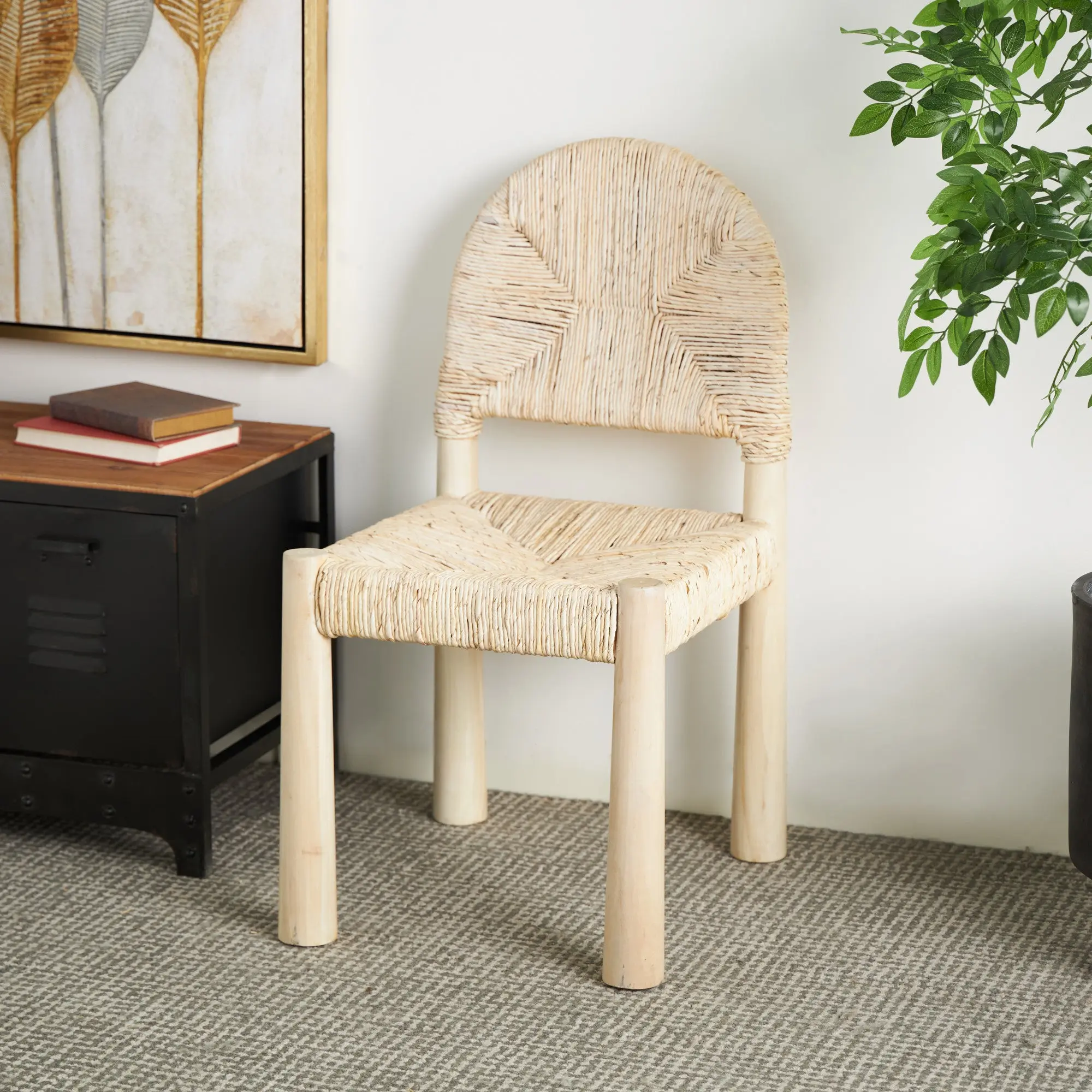 Boho Chic Aesthetic 2-Piece Handmade Mahogany Wood Art Deco Dining Chairs - 17.5x20x33.5", Handwoven Banana Leaf Seat, Arched Woven Backrest, Modern Indoor Furniture for Home Office