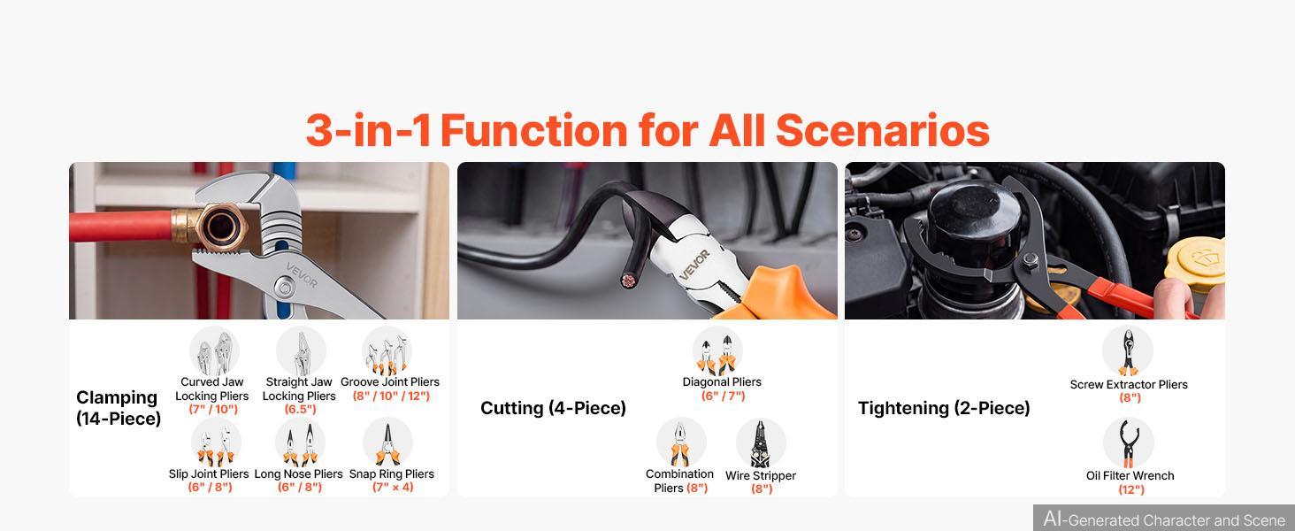 VEVOR 20-Piece Pliers Set, Polished Carbon Steel Jaw Hand Tools with 2-Pack Organizer Rack - Locking, Long Nose, Diagonal, Groove Joint, Snap Ring, Slip Joint Pliers for DIY, Home Repairs, Locking Pliers VEVOR 20-Piece Pliers Set, Polished Carbon Steel Jaw Hand Tools with 2-Pack Organizer Rack - Locking, Long Nose, Diagonal, Groove Joint, Snap Ring, Slip Joint Pliers for DIY, Home Repairs, Locking Pliers