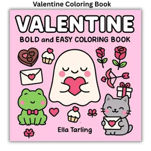 Valentine – Bold and Easy Coloring Book for Kids and Adults Featuring cozy ghosts with hearts and cats carrying love letters, every page brings a smile